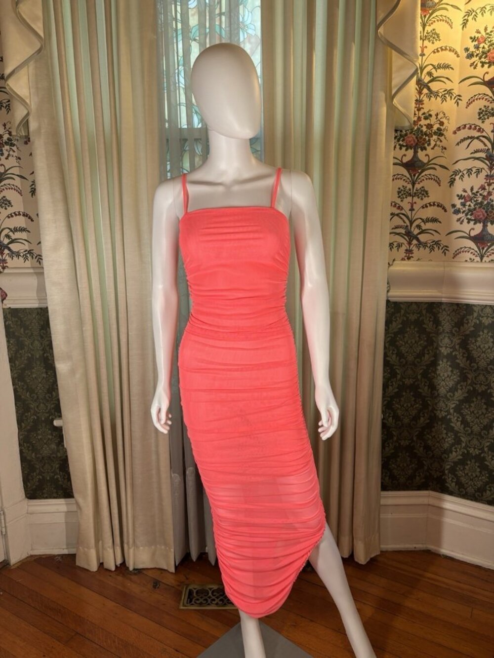 Neon Coral Semi Sheer Mesh Bodycon Wiggle Maxi Dress Small Y2K 90s Bombshell
